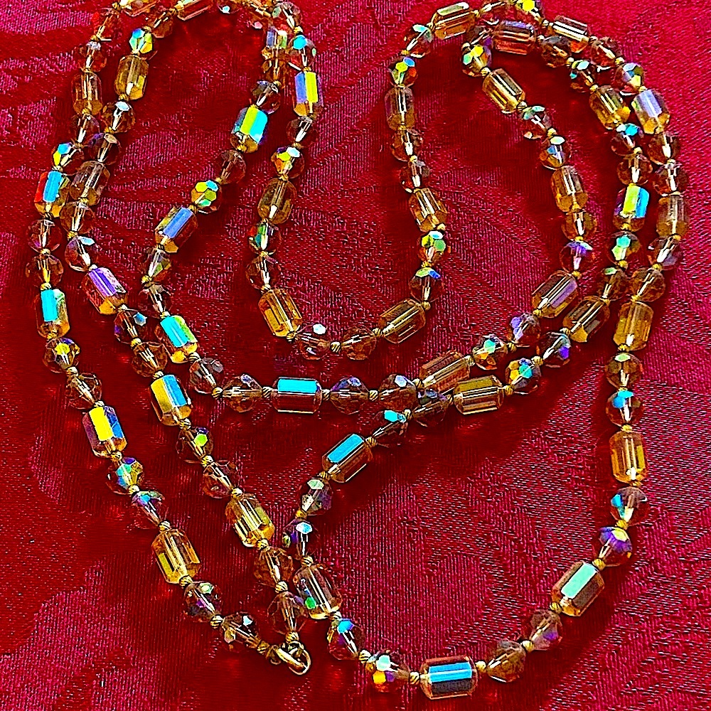 REDUCED$ Necklace Vintage Citrine to Blue Opal Aurora Borealis Glass Beads! 27”